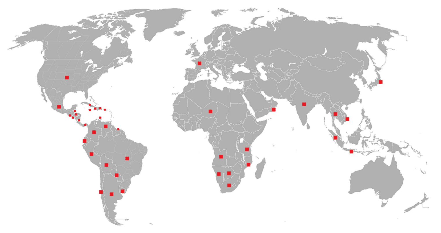 Mapa dos mais de 40 países em que a Mesal está presente com seus equipamentos